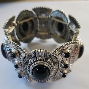 Vintage-Inspired Silver Tone Cuff Bracelet with Black Cabochons Stretch